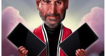 Illustrator Dale Stephanos portrays Steve Jobs as Moses coming down from Mount Sinai with two tablets in his hands