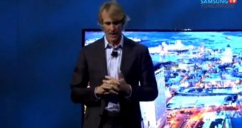 A nervous Michael Bay at the Samsung event at CES 2014, right before walking off the stage