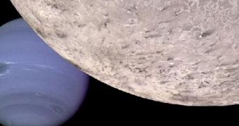 Computer-generated montage showing Triton and Neptune. Click for higher resolution