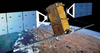 An artist's rendition of the Radarsat-2 satellite in Earth orbit