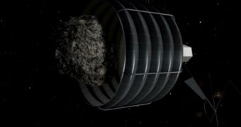 Snapshot from a video presentation of what a potential NASA mission to capture a NEO asteroid might look like