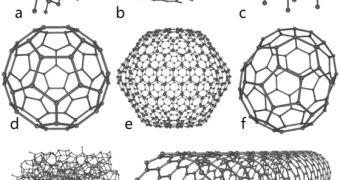 Some allotropes of carbon: a) diamond; b) graphite; c) lonsdaleite; d–f) fullerenes; g) amorphous carbon; h) carbon nanotube.