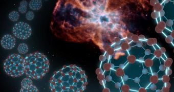 Artist's rendition of how buckyballs look like in space