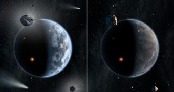 Left: an Earth-like, silicate-based exoplanet featuring oceans. Right: a desolate, carbon-rich worlds