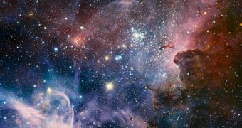 This broad panorama of the Carina Nebula was taken in infrared wavelengths, using VLT's HAWK-I camera. It reveals many previously hidden features in the famous stellar nursery