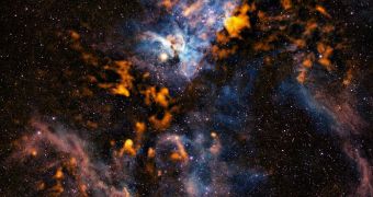 This image of the Carina nebula combines data from APEX LABOCA (orange) and the CTIO CST (visible-light)