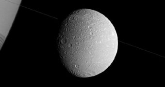 This is Cassini's latest view of the Saturnine moonDione, collected on December 12, 2011
