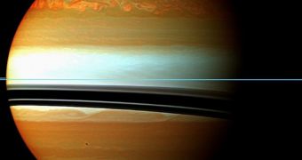 This false-color mosaic from NASA's Cassini spacecraft shows the tail of Saturn's huge northern storm.