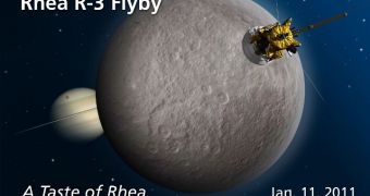 This artist's concept shows the third flyby of Saturn's moon Rhea by NASA's Cassini spacecraft. It is the closest flyby of Cassini's mission