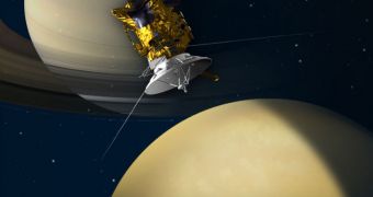Artist's concept of NASA's Cassini spacecraft flying by the North polar region of Saturn's moon Titan on December 27
