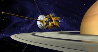 Artist's rendition of Cassini achieving orbital insertion around Saturn