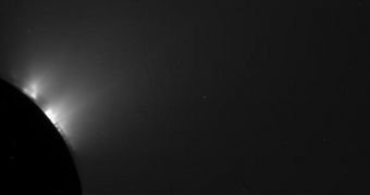 This image of Enceladus' geysers was captured by Cassini on April 14, 2012