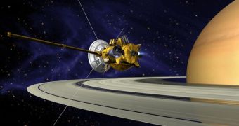 This is an artist's rendition of the Cassini orbiter flying around Saturn