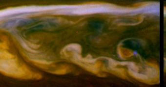 Blue spots indicate lightning flashes in Saturn's atmosphere