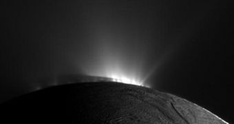 Raw Cassini image showing back-lit geysers in the southern hemisphere of the Saturnine moon Enceladus