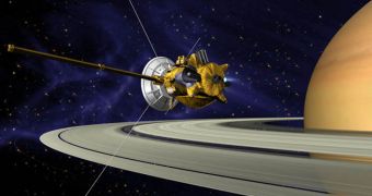 Artist's rendition of the Cassini spacecraft around the gas giant Saturn