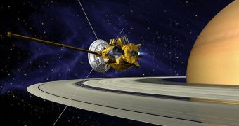 This is a rendition of the NASA Cassini spacecraft in orbit around Saturn