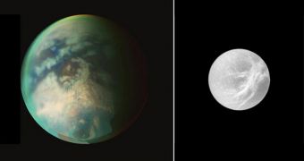 Images showing Titan (left) and the little-investigated, icy moon Dione