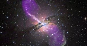 This is a view of Centaurus A, showing radio emissions in violet