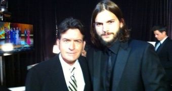 Charlie Sheen hangs with Ashton Kutcher backstage at the Emmy Awards 2011