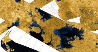 A Cassini radar image showing hydrocarbon lakes on Titan