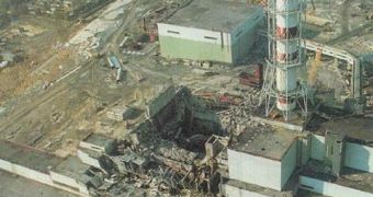 The Chernobyl nuclear power plant after the meltdown, showing reactor 4 with its roof blown off