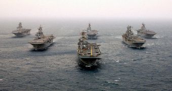 Six modern amphibious assault ships of the US Navy in formation