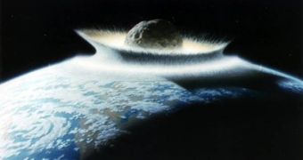 An artist's depiction of the impact between the Earth and a giant asteroid, which took place roughly 300,000 years before the K-T Extinction event