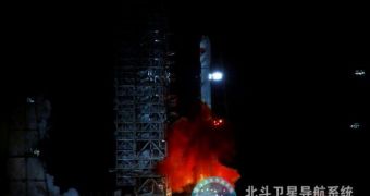 A Long March 3B rocket launches to space, carrying two Beidou navigation satellites, on Monday, April 30 (Beijing Time)
