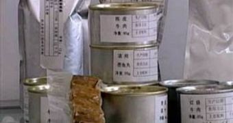 The food concocted for Chinese astronauts, shown here in a space exhibit, comes in standard-issue cans and bags ? but Chinese supermarkets are due to offer versions of the same food dressed up for consumers.