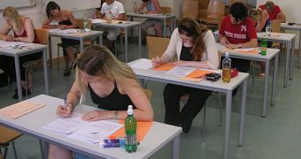 Students taking a test at the University of Vienna, at the end of the summer term