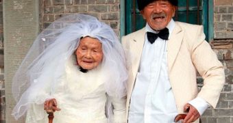 Chinese Couple, over 100 Years Old Each, Pose for Wedding Photo