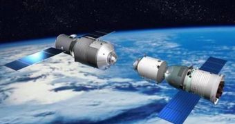 This is a rendition of Tiangong-1 and Shenzhou 8 on final approach to each other