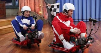 Jimmy Fallon and Chris Hemsworth have a go at go-kart racing on the show