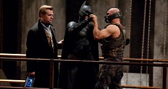 Chris Nolan with Christian Bale and Tom Hardy on the set of “The Dark Knight Rises”