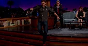 Look at him go! Chris Pratt runs in high heels on James Corden's show