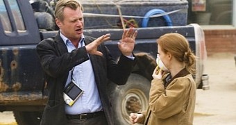 Director Christopher Nolan and actress Jessica Chastain on the set of “Interstellar”