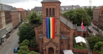 St. Stephen's Church in Copenhagen sports the rainbow banner