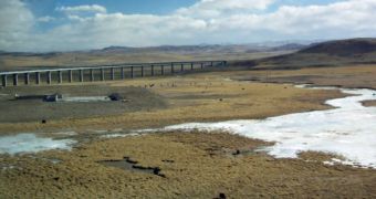 A portion of the railway connecting China to Tibet is seen here crossing a vast area covered in permafrost