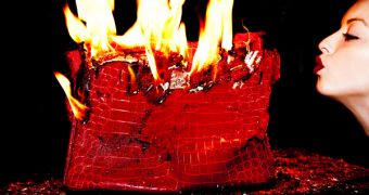Francesca Eastwood blows kisses at a burning Hermes Birkin bag she set on fire