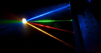 Yellow, blue, green and red laser beams converge to produce a pleasantly warm white light