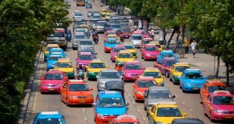 Taxis in Bangkok come in a full range of colors