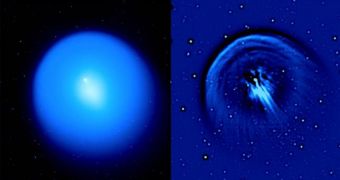 Left: image of comet Holmes showing the large, expanding dust coma. Right: the same image, after the application of the Laplacian spatial filter, to emphasize fine structures