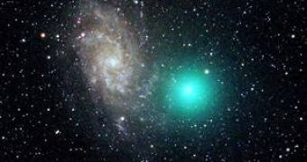 Image of the green colors of the comet 8P/Tuttle taken on December 30; in the background, the galaxy Messier 33