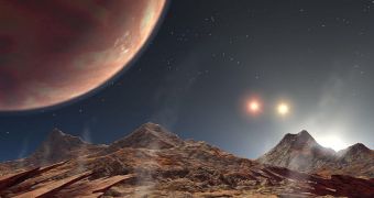 This image shows how a binary star system would look like from the surface of an exomoon