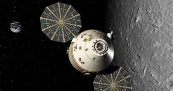 The Orion Crew Exploration Vehicle is seen here orbiting the Moon, with the Earth in the background