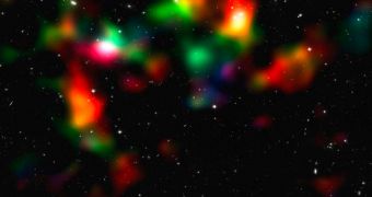A smoothed reconstruction of the total matter distribution in the COSMOS field was created from data taken by the NASA/ESA Hubble Space Telescope and ground-based telescopes