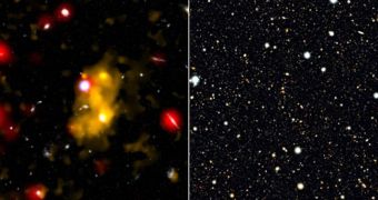 Gigantic gas blobs such as this one (left) glow because of heat from supermassive black holes at their center. Researchers looked at 29 such blobs in a protocluster called SS A22 (right)