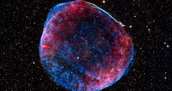 A composite (radio - red, X-ray - blue, and visible light - the yellow stripe) image of supernova SN 1006, used in the study