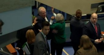 The moment before Mayor Rob Ford knocked over Councilor Pam McConnell